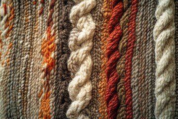 Close-up of multicolored knitted fabric with various textures and cable knit patterns.