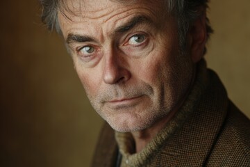 Obraz premium Close-up portrait of a pensive, middle-aged man with graying hair and green eyes.