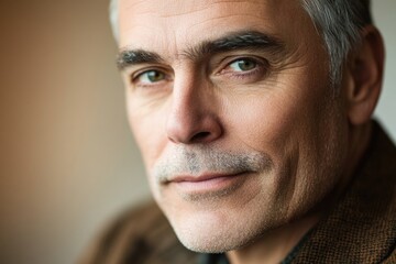 Fototapeta premium Close-up portrait of a mature man with graying hair and a thoughtful expression.
