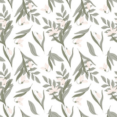 Cotton fabric Vector seamless pattern with elegant hand drawn flat botanical illustration, snowdrop flowers, green leaves. The minimalistic style, pastel colors, perfect for print, packaging, textiles, wallpaper