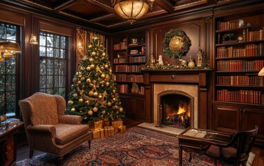 Fototapeta premium Elegant library-style room with a crackling fireplace, bookshelves, a Christmas tree decorated with gold ornaments, and a cozy armchair