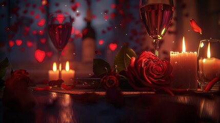 An email banner showcasing a candlelit dinner setting with red roses, a glass of wine, and a glowing heart-shaped background.