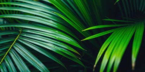 Obraz premium Close-up shot of a vibrant green palm leaf texture, showcasing the intricate patterns and details of nature's tropical beauty, close-up, vibrant
