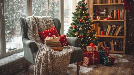 Obraz premium Cozy Christmas living room with a decorated tree, presents, and a plush armchair by a snowy window