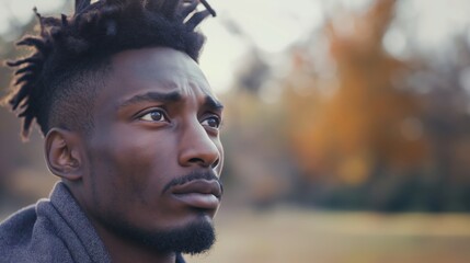 Fototapeta premium An African-American man sits in a park, lost in thought and surrounded by autumn leaves, conveying deep sadness