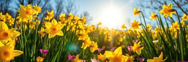 Obraz premium Field of beautiful yellow daffodil flowers blooming under the clear blue sky on a sunny day, vibrant, petals, nature