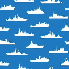 Fototapeta premium Navy Ships on Blue Fleet Naval Cutters Vector Seamless Pattern