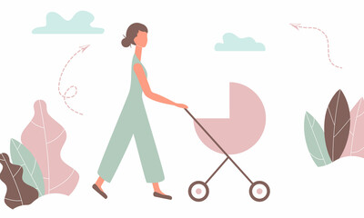 Happy mother on a walk with newborn in stroller. Woman pushing pram with child in park. Young mom with baby in pushchair isolated on white background in funky figures style. Raster illustration