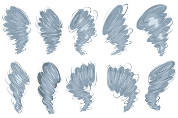 Tornado set elements in flat graphic design. Collection of hurricane air and whirlwinds, grey twisters, destruction whirlpool, thunderstorm cyclone vortex, bad weather symbols. Vector illustration.