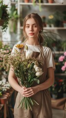 Obraz premium Young florist holding bouquet in flower shop, wearing apron. Surrounded by blooming plants