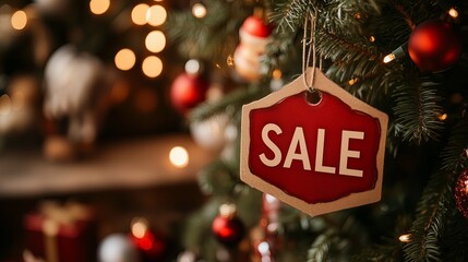 A sign that says Sale is on a table with Christmas decorations. The decorations include a tree, a sign, and a bunch of Christmas ornaments