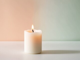 Single white candle burning on a pastel gradient background creating a relaxing ambiance