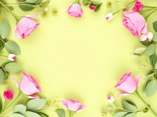 Rose flower with leaves frame in a circular arrangement, perfect for adding a touch of elegance to any design project, elegance, celebration, green