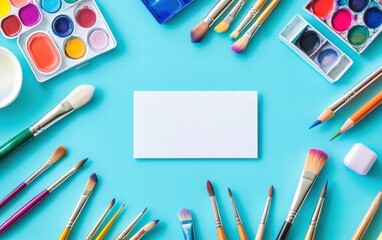 Naklejka premium A clean gift card surrounded by vibrant art supplies like paintbrushes, watercolor palettes, and colored pencils on a soft blue background