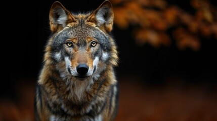 Fototapeta premium A close-up of a wolf with striking eyes set against a blurred autumn background.