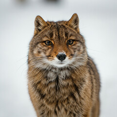 Portrait d&eacute;taill&eacute; d&rsquo;un chat sauvage au regard per&ccedil;ant dans un environnement naturel.