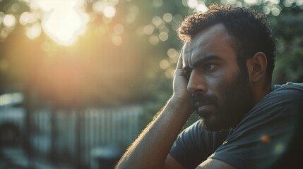 An Arab-American man shows visible sadness while lost in thought during a peaceful sunset hour in a serene location