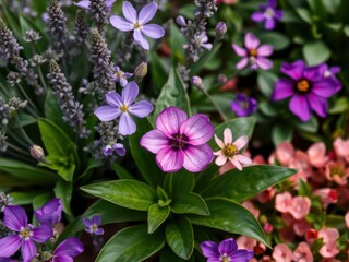 Obraz premium Vibrant purple flower petals and delicate green leaves create a stunning contrast in nature, fresh, leaves