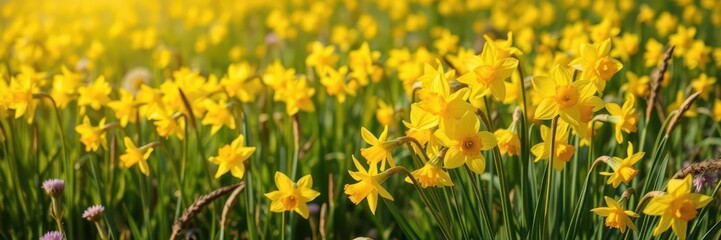 Fototapeta premium Vibrant yellow daffodil flowers blooming in a picturesque field under the bright sun, blooming, vibrant