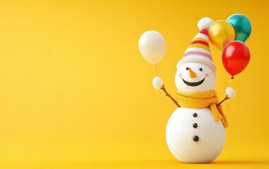 A smiling snowman holding balloons on a sunny yellow background