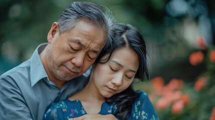 Fototapeta premium In a serene garden, an Asian-American couple embraces, sharing deep sorrow during a tough time