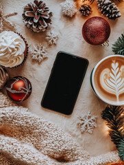 Xmas decofated table with coffee, cake, phone and baubles