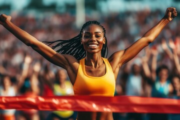 The competing athlete is the first to cross the finish line and tear off the red finish tape. the joy of victory, the long-awaited first place