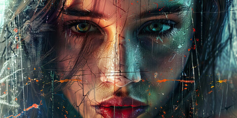 Digital Portrait of Woman Behind Cracked Surface with Paint Splatter