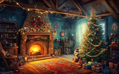 cozy room fireplace christmass tree with decorations toys and lights professional photo