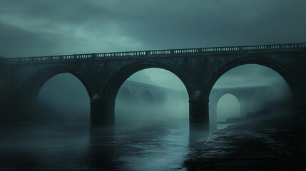 Fototapeta premium A gothic bridge crossing a dark river, with arches that seem to stretch endlessly, shrouded in mist and faintly glowing from beneath.