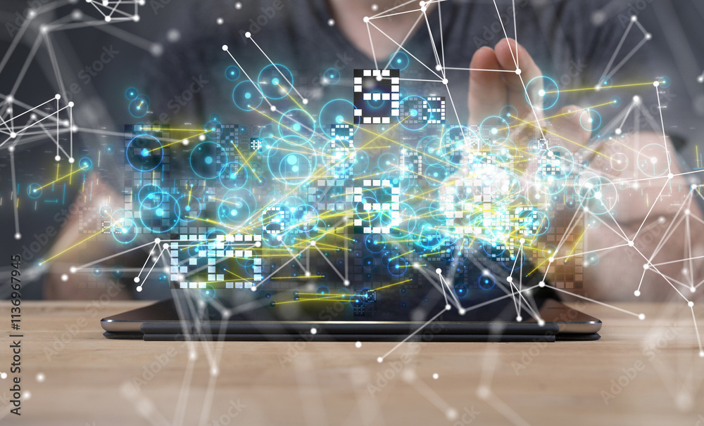 Aufkleber neural network 3d illustration. big data and cybersecurity