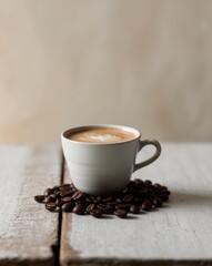 Ceramic coffee cup with cappuccino and coffee beans on rustic table