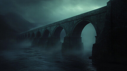 Fototapeta premium A gothic bridge crossing a dark river, with arches that seem to stretch endlessly, shrouded in mist and faintly glowing from beneath.