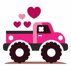 silhouette of a Valentine’s Day monster Pickup Truck with Hearts and Love Elements - Romantic Graphic Design
