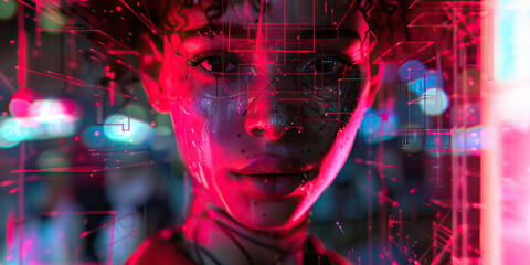 Fototapeta premium Stylized Female Portrait with Digital Circuitry Overlay
