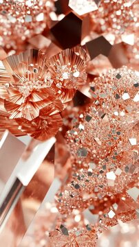 Glossy rose gold crystals reflecting light with intricate patterns and textures in a close-up view