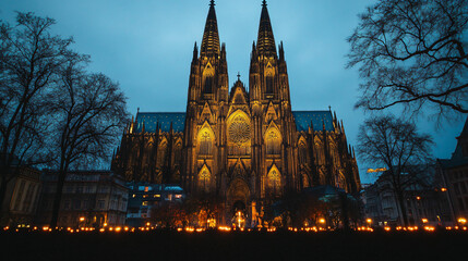 Fototapeta premium A gothic cathedral with towering spires, stained-glass windows, and intricate carvings, casting colorful reflections on the floor.