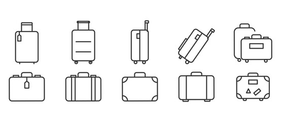 Luggage trolley line icon set, travel suitcase symbol. Suitcase icon set. Valise, baggage, luggage icon. Luggage suitcase, travel bag icons. Trip baggage sign vector icons illustration in transparent.
