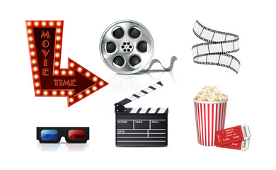 3d realistic vector icon illustrations. Cinema and movie icon set, lights arrow, popcorn and tickets, 3d glasses, movie tape.