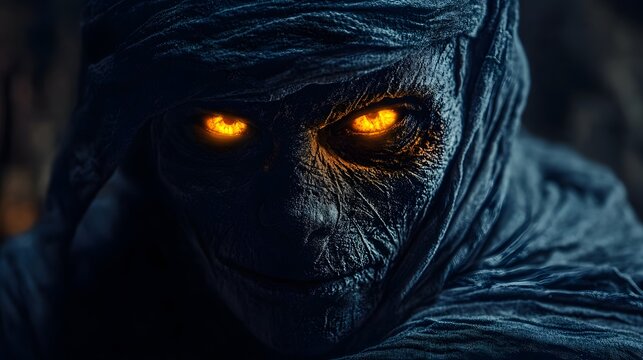 Portrait of a scary ancient cursed mummy with glowing eyes, capturing a spooky Halloween theme