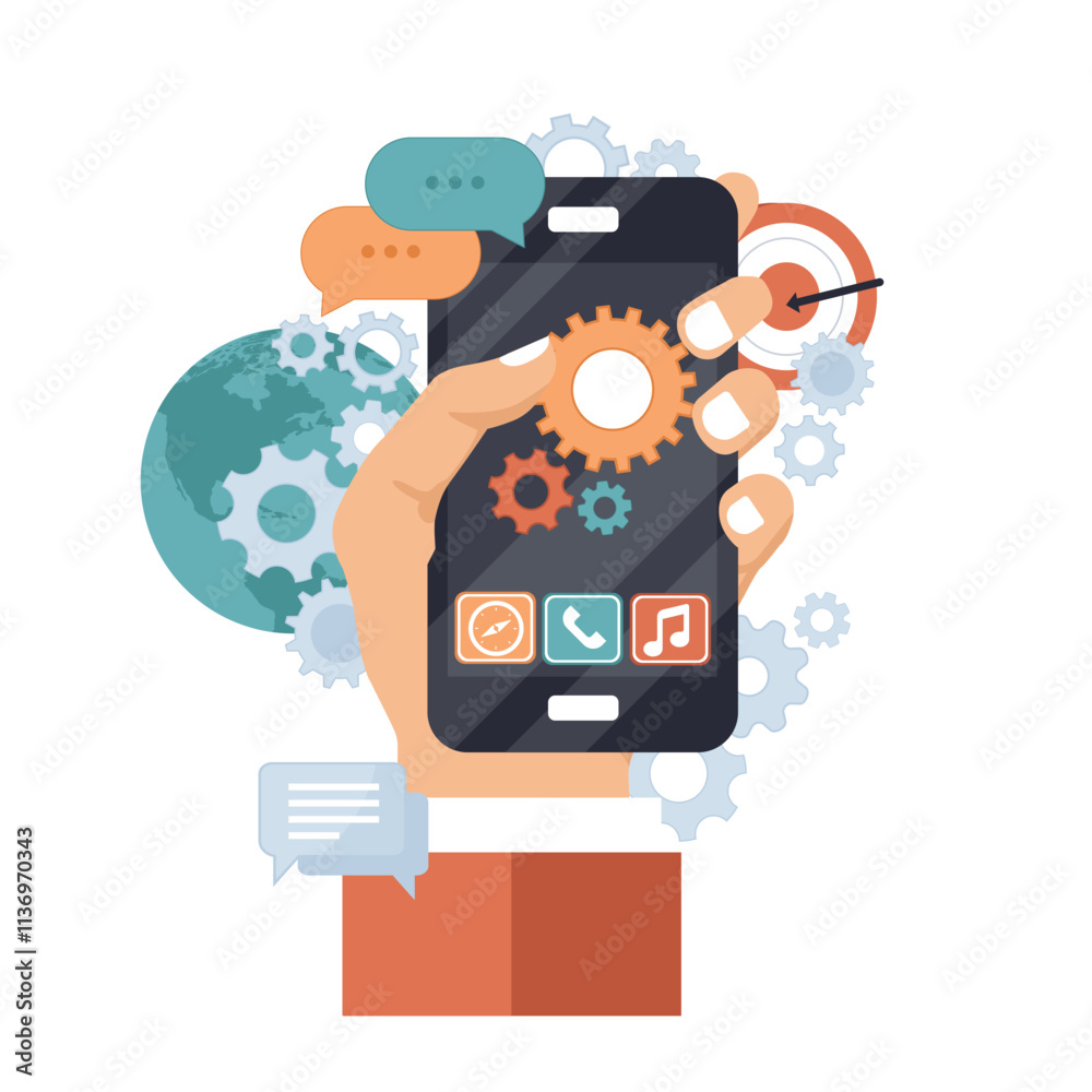 Canvas Prints application development icon. concept to building successful business. mobile phone and gears on the