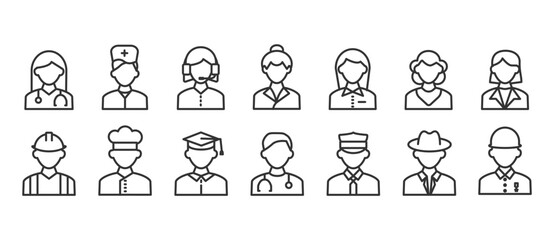 Modern thin line icons of people avatars, Various human character jobs. Premium quality outline symbol collection. Simple mono linear pictogram pack. Editable stroke vector in transparent background.