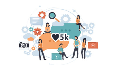 Social media bubble with heart symbol. Young people using mobile gadgets such as laptop, tablet pc and smartphone for networking and collecting likes and comments. Flat vector illustration