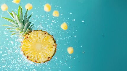   A pineapple sliced in half resting on a blue background with water droplets streaming off it