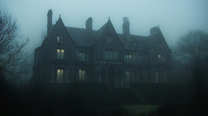 A gothic mansion shrouded in fog, with pointed rooftops and arched windows that give it a sinister look.