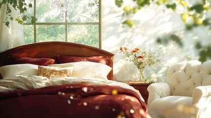 Fototapeta premium Bedroom with window, bed, chair, and vase