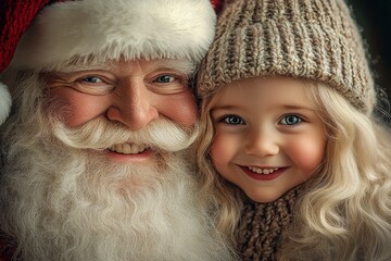 Yule marketing concept art graphic shot for magazine ad and digital marketing use. Cheerful christmas, Ñute child girl joyful with santa claus. Santa claus smiling kids. Christmas toddler santa.