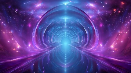 Glowing purple and blue tunnel with reflective surface and cosmic background.