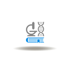 Vector illustration of book, microscope and DNA spiral. Symbol of Science Research Education.