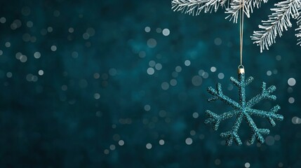 Fototapeta premium Blue snowflake ornament on Christmas tree with Bokeh lights